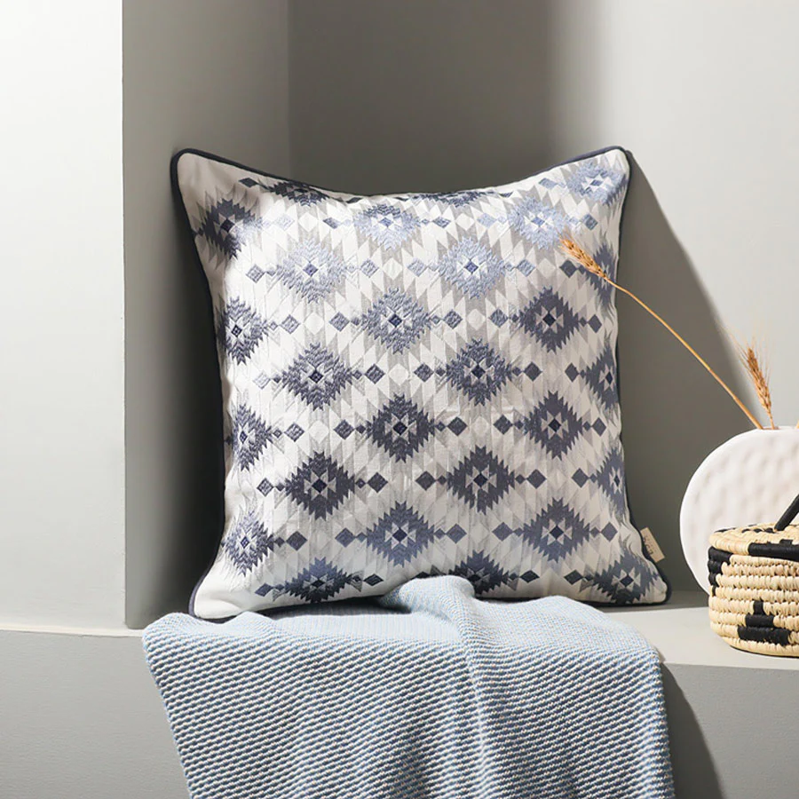Aztec Embroidered Cotton Cushion Cover 45x45cm - Light Grey - Image 3