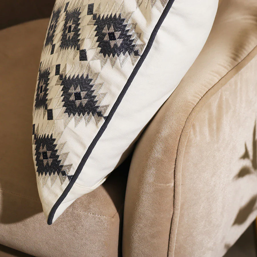 Aztec Embroidered Cotton Cushion Cover 45x45cm - Light Grey - Image 4