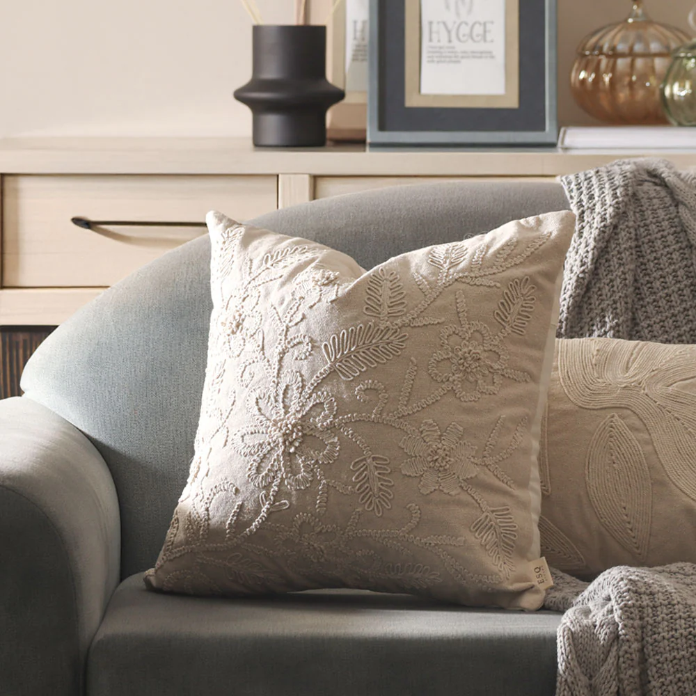 Daisy Embroidered Cotton Cushion Cover 45x45cm - Beige - Image 3