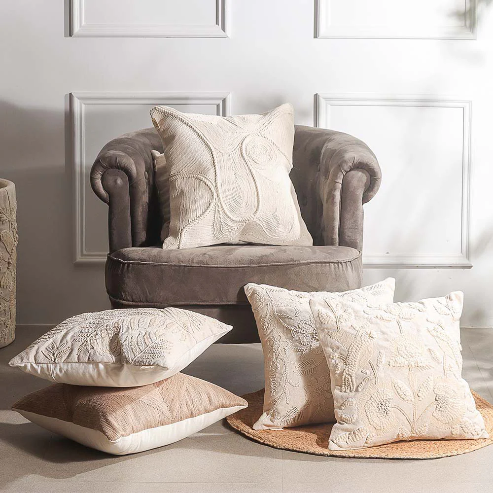 Daisy Embroidered Cotton Cushion Cover 45x45cm - Beige - Image 5