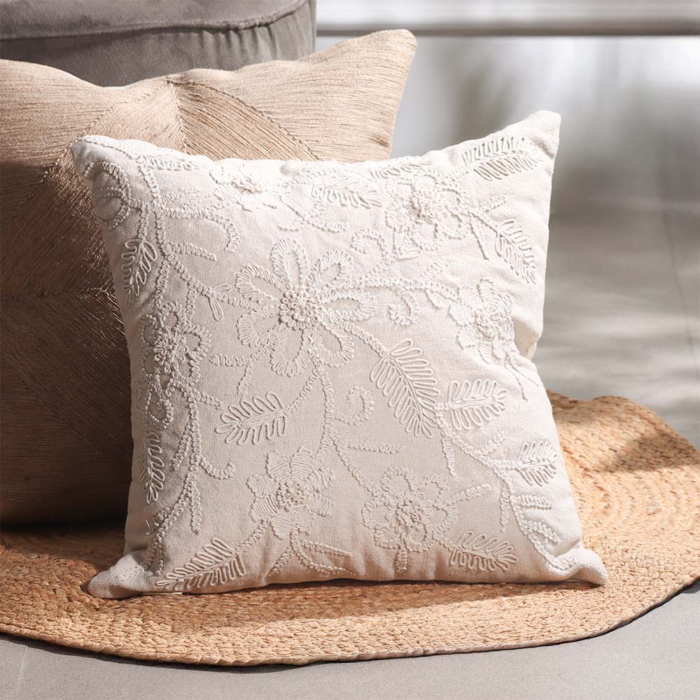 Daisy Embroidered Cotton Cushion Cover 45x45cm - Beige - Image 6