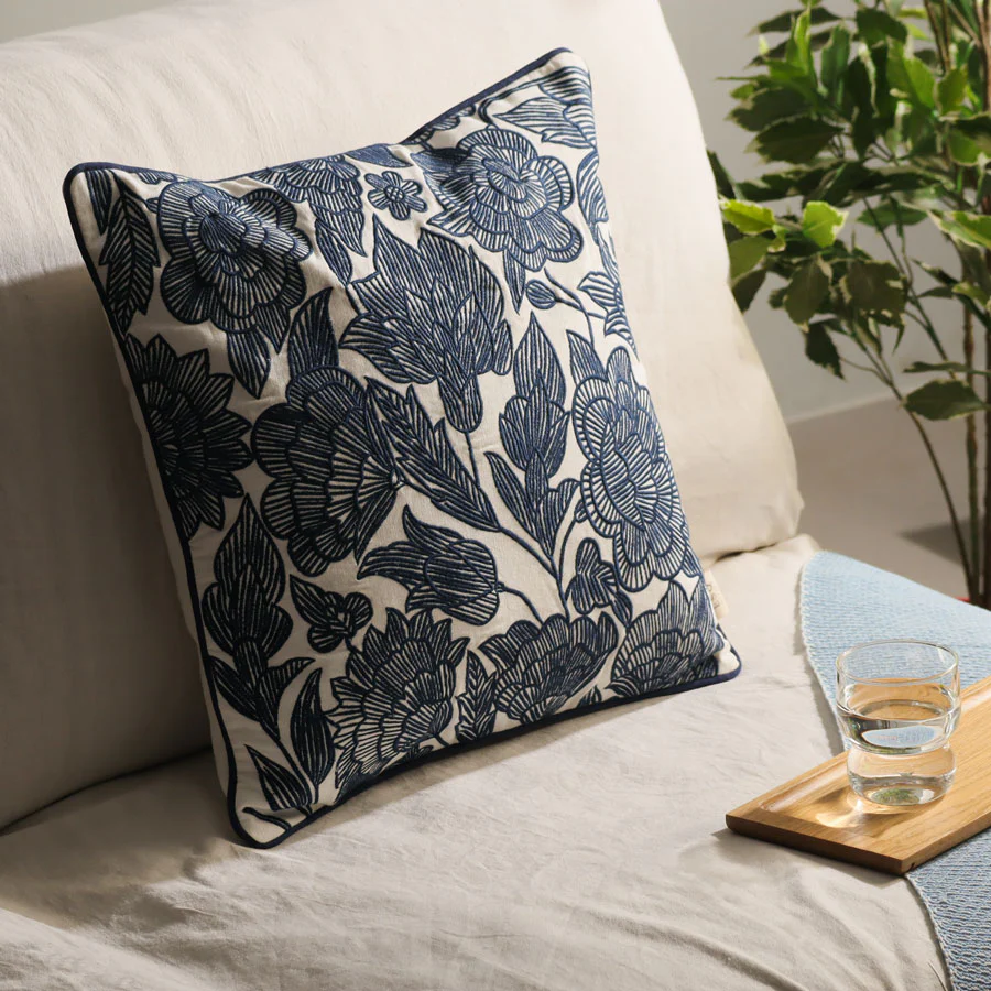 Flora Embroidered Cushion Cover 45x45cm - Dark Blue - Image 3