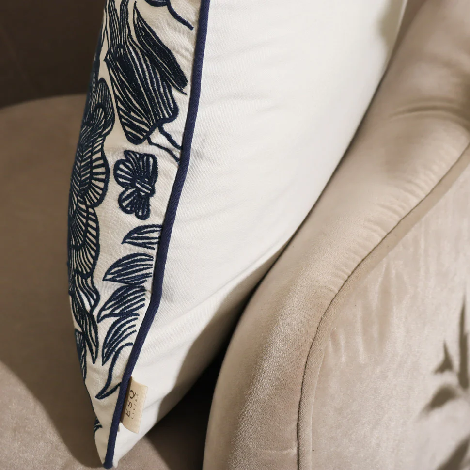 Flora Embroidered Cushion Cover 45x45cm - Dark Blue - Image 4