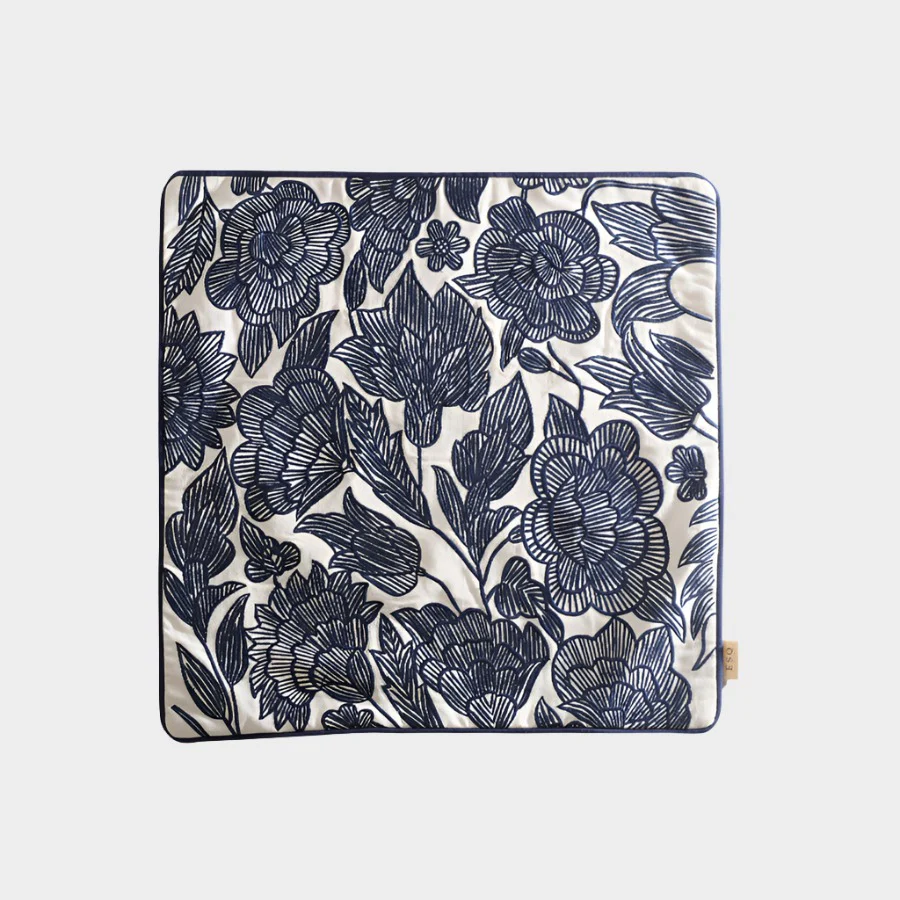 Flora Embroidered Cushion Cover 45x45cm - Dark Blue - Image 5