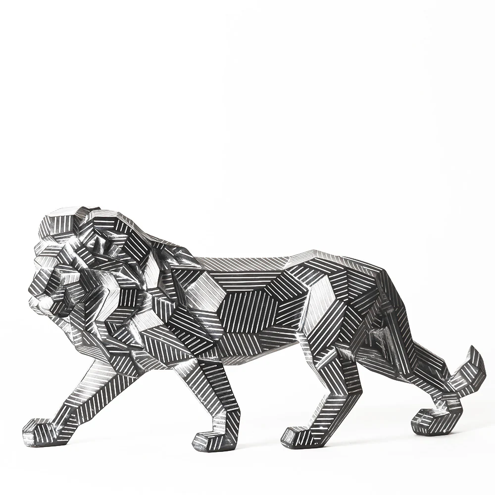 Fractal Lines Lion Sculpture - Black & White - Image 3