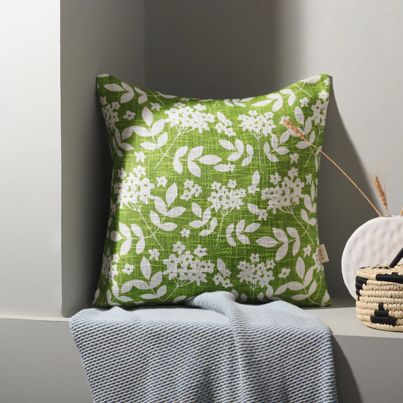 Magnolia Printed Cotton Cushion Cover 45x45cm - Green White - Image 3