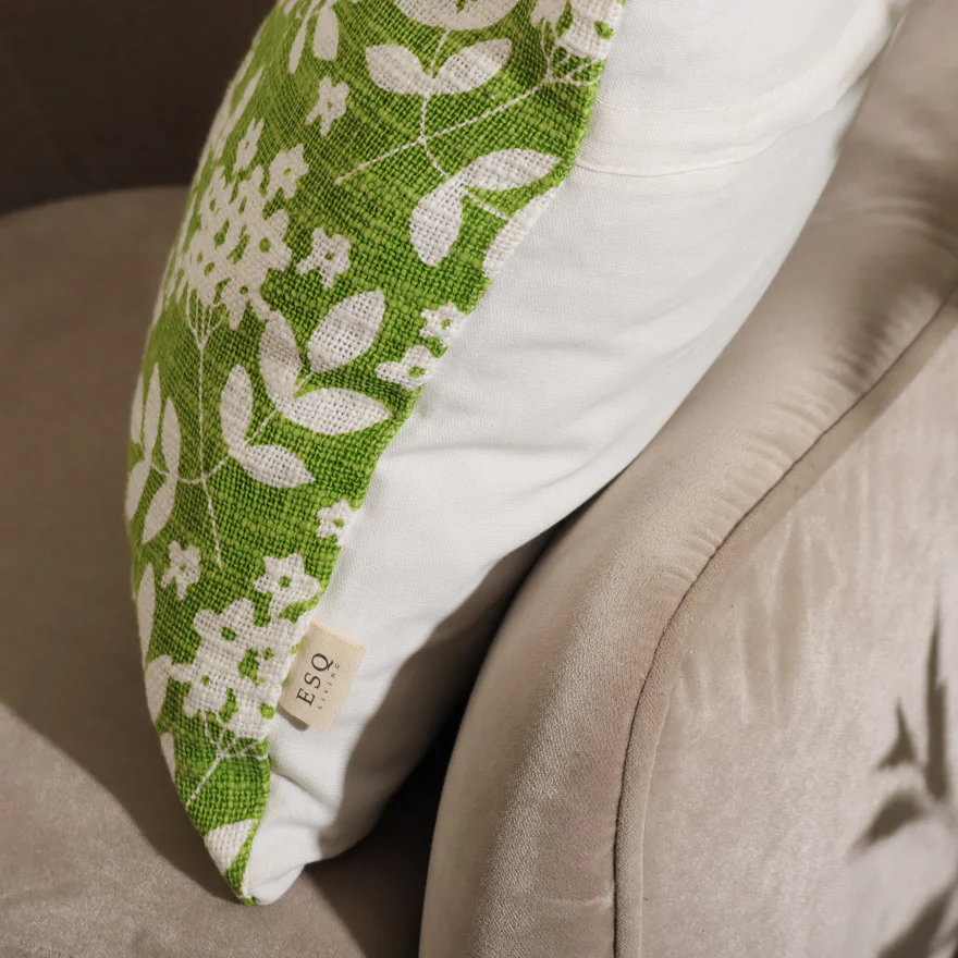 Magnolia Printed Cotton Cushion Cover 45x45cm - Green White - Image 4