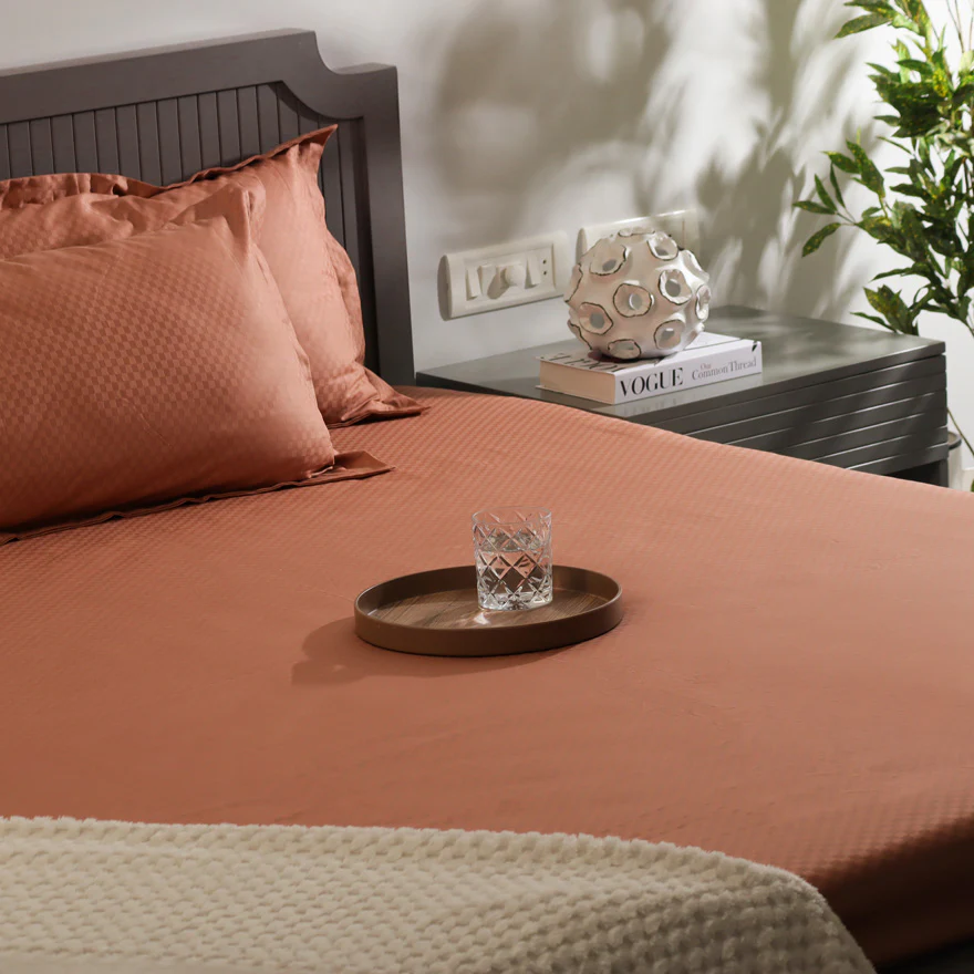 Maison Checks King Size Cotton Bedsheet Set - Dark Peach - Image 3