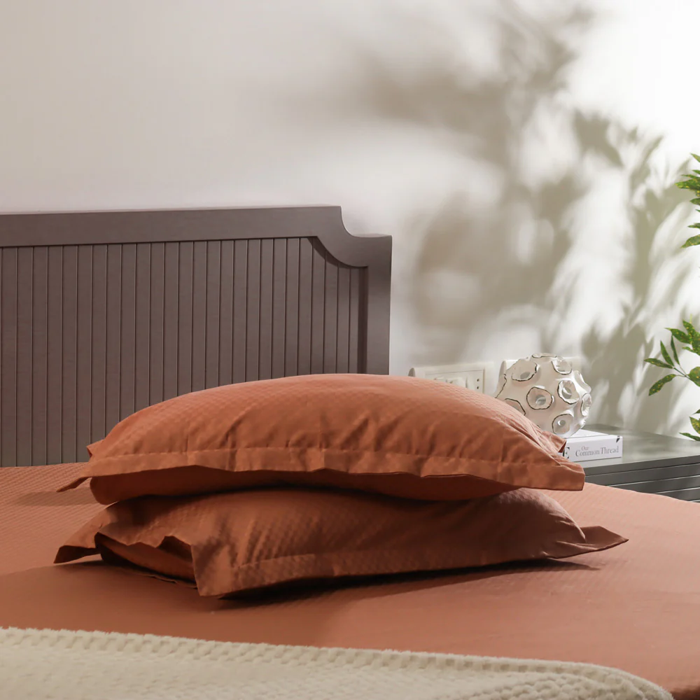 Maison Checks King Size Cotton Bedsheet Set - Dark Peach - Image 4