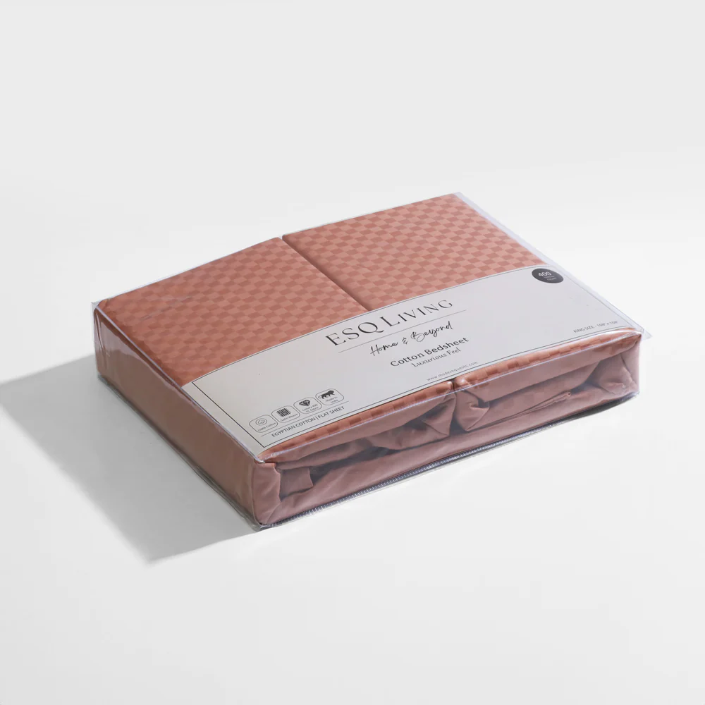 Maison Checks King Size Cotton Bedsheet Set - Dark Peach - Image 5