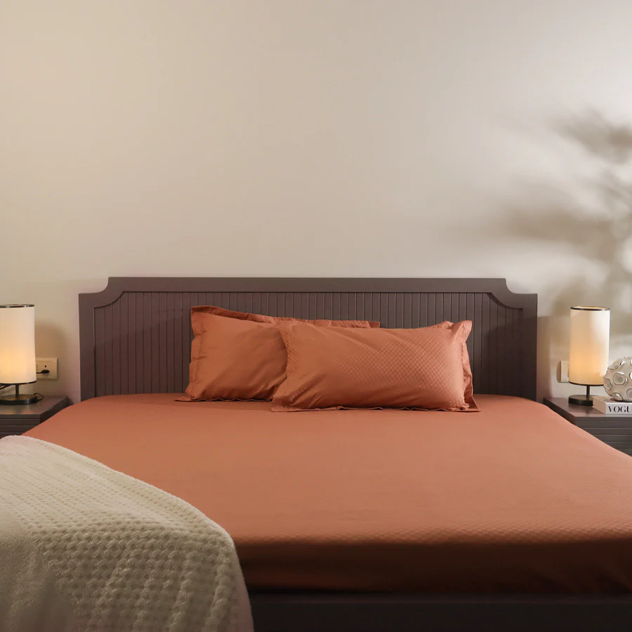 Maison Checks King Size Cotton Bedsheet Set - Dark Peach - Image 6