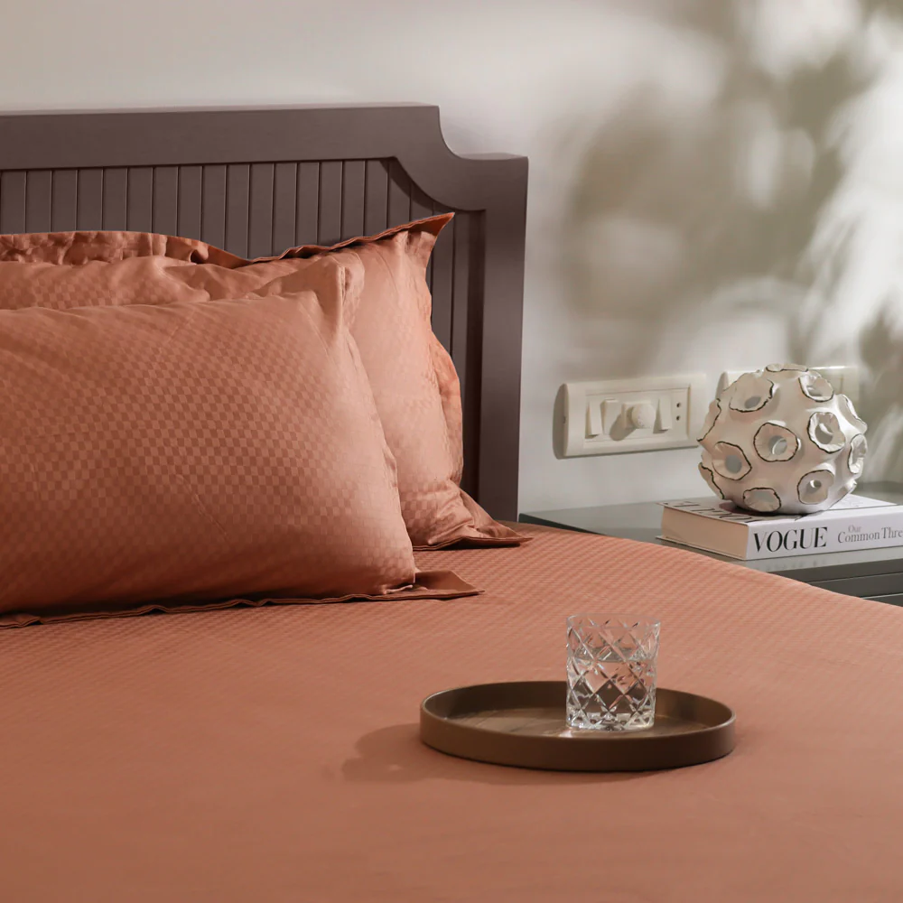 Maison Checks King Size Cotton Bedsheet Set - Dark Peach - Image 7