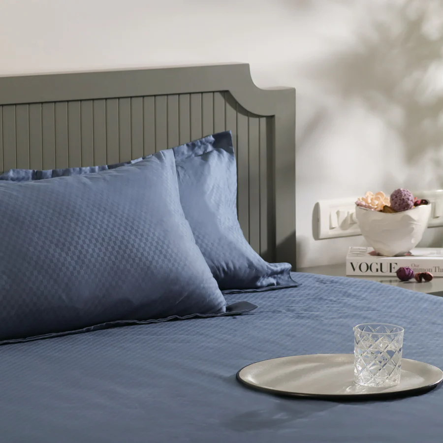 Maison Checks King Size Cotton Bedsheet Set - Navy - Image 8