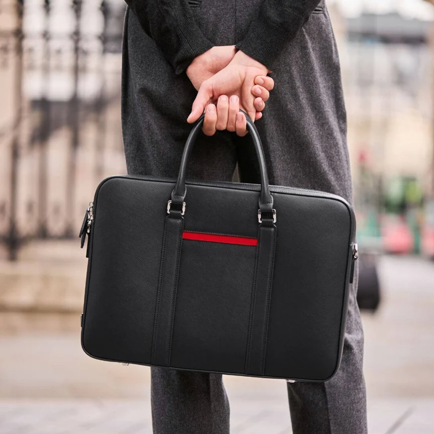 Manhattan Leather Briefcase - Black & Racing Red - Image 11