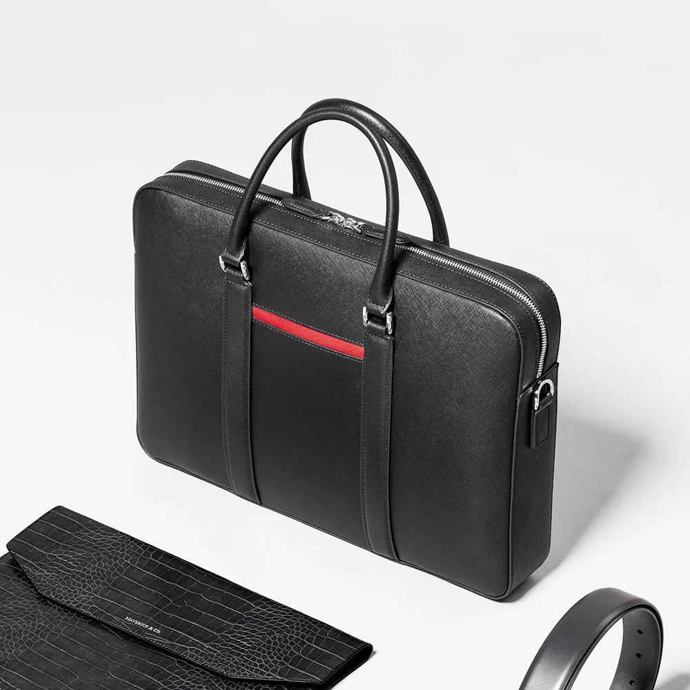 Manhattan Leather Briefcase - Black & Racing Red - Image 5