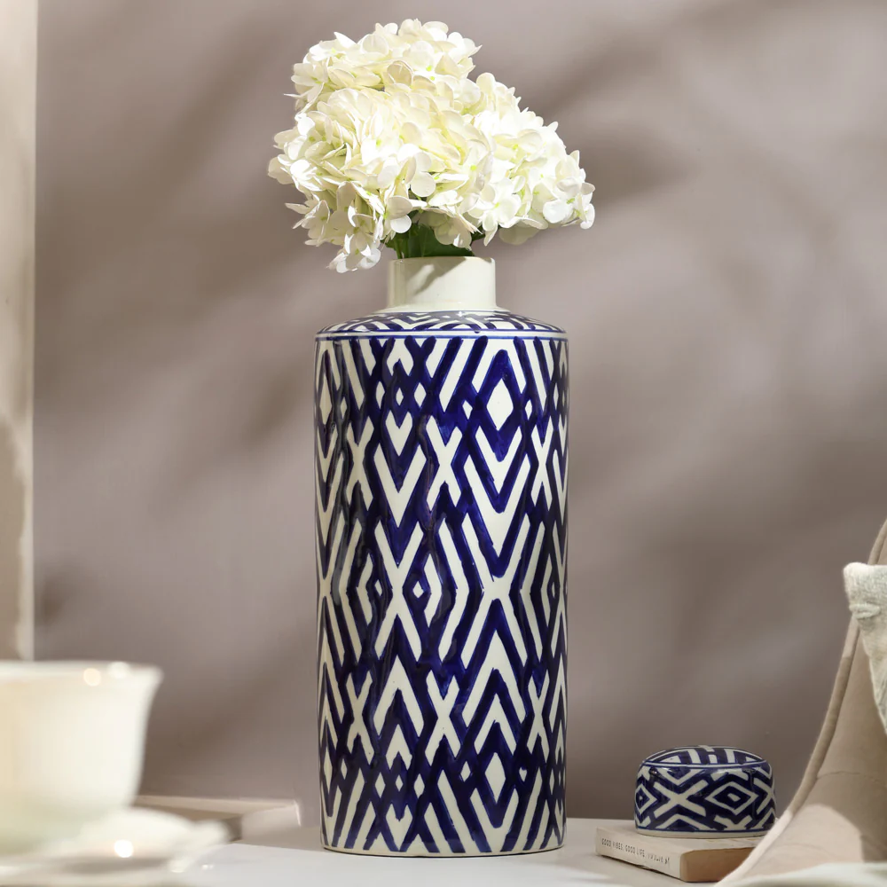 Porcelain Lidded Jar Tall - Blue Chevron - Image 10