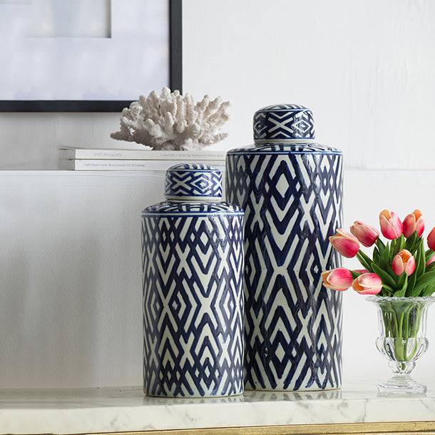 Porcelain Lidded Jar Tall - Blue Chevron - Image 6