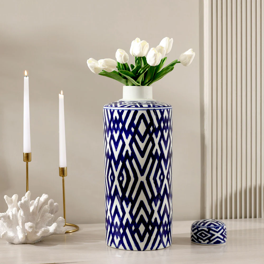 Porcelain Lidded Jar Tall - Blue Chevron - Image 9