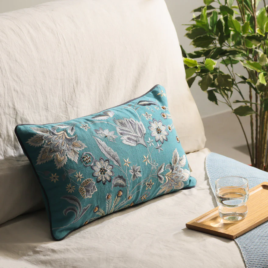 Sierra Beaded Embroidered Rectangular Cushion Cover 50x30cm - Azure - Image 3